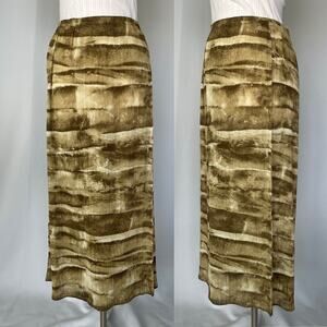 Boho Midi Skirt Size Small Green Brown Abstract Crinkle Pleated Fairy Whimsigoth